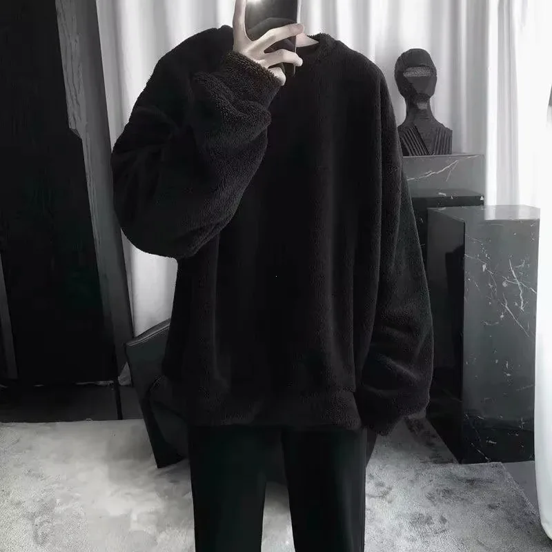 Sudadera de gran tamaño de Color sólido con pelo de cordero y cuello redondo, sudadera de manga larga para hombre, sudaderas holgadas de moda coreana, ropa de calle Harajuku — image 1