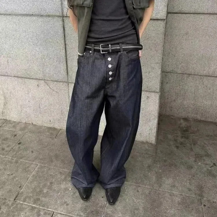 การออกแบบปุ่ม Machete DENIM Baggy กางเกงยีนส์ผู้ชาย High Street EDGE Selvedge Niched HIPHOP หลวมยาวกางเกงขากว้าง 12377 — image 4