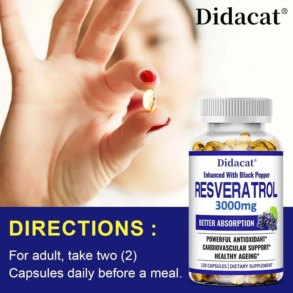 Resveratrol 3000 Mg Antioxidant Supports Brain Immune Joint and Cardiovascular Health Improves Skin Gluten Free Non-GMO — image 7
