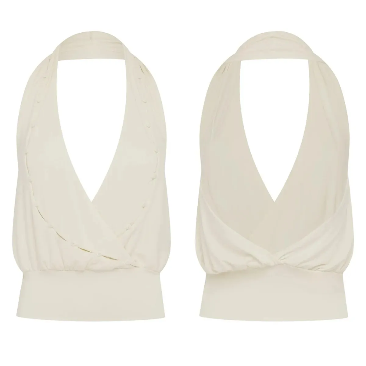 Wj Top halter azul claro con escote en V profundo y diseño sin espalda Top corto con diseño de nudo torcido en la espalda y botones para un efecto adelgazante Camiseta sin mangas con cuello halter azul claro Top corto con decoración de botones y diseño ceñido en la cintura — image 10