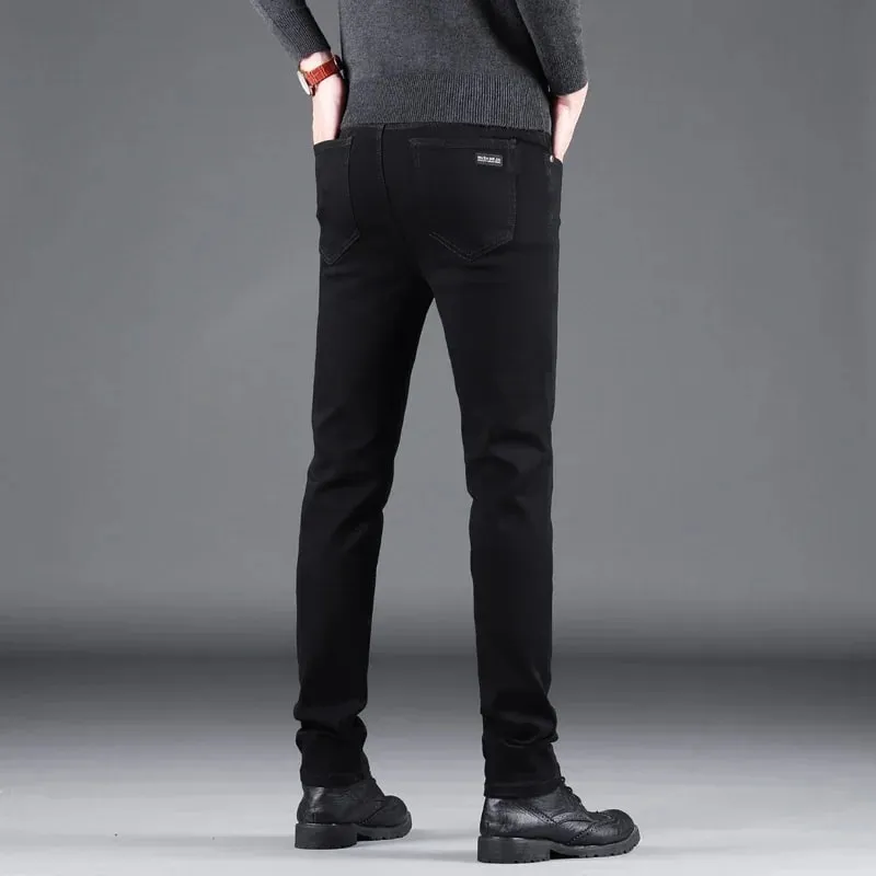 Pantaloni dritti elastici dei jeans slim neri puri dei nuovi uomini di primavera autunno moda business per il tempo libero pantaloni denim vintage coreani maschili — image 6
