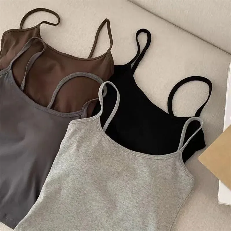 2 ชิ้น/เซ็ตผู้หญิง Basic Cotton Camisole มาดามสีทึบสปาเก็ตตี้สายรัดแขนกุด Slim เสื้อ Breathable เสื้อแขนกุดสั้น — image 4