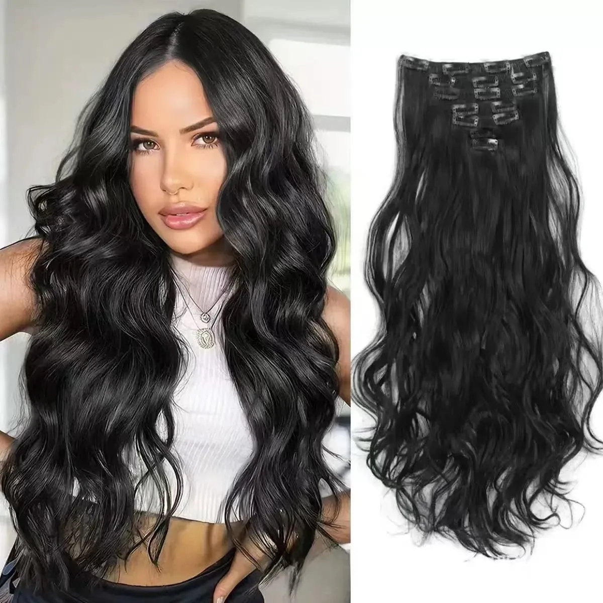 7 clip nelle estensioni dei capelli Acconciatura a onda lunga Nero 60-71 cm Capelli sintetici naturali Uso quotidiano Parrucchino per donna