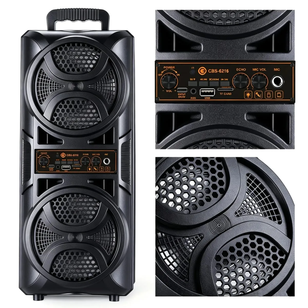 Tragbarer Bluetooth-Party-Box-Lautsprecher, Dual-6,5-Zoll-Subwoofer, schwerer Bass-Boombox mit kabelgebundenem Mikrofon, unterstützt 6,35-mm-Mikrofon, AUX-TF-Karte, USB-FM-Radio für Outdoor-Camping, Heim-Karaoke-Party — image 3