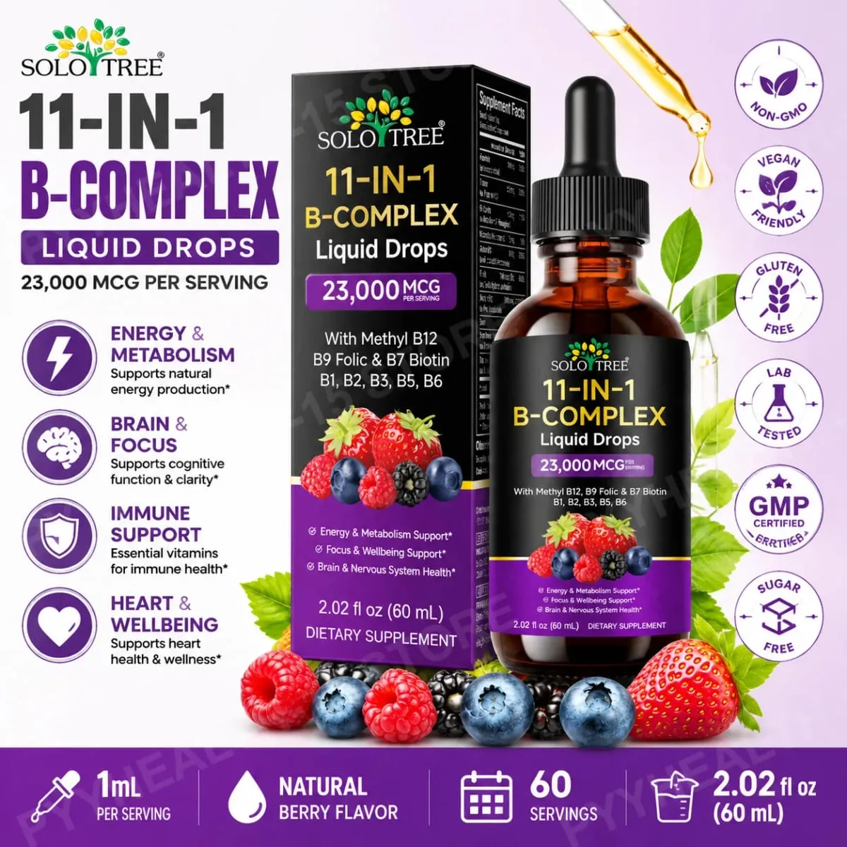 11-in-1 B Complex Liquid หยดพร้อม Methyl B12 โฟเลตไบโอตินสำหรับการเผาผลาญพลังงานรายวันโฟกัสสมองและการสนับสนุนภูมิคุ้มกัน 60ml — image 1