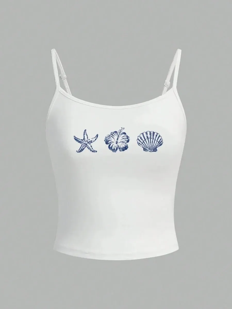 ผู้หญิงเปลือกหอยปลาดาวพิมพ์สปาเก็ตตี้Camisoleฤดูร้อนสบายๆY2K Streetสไตล์Slim Fit Crop Top — image 8