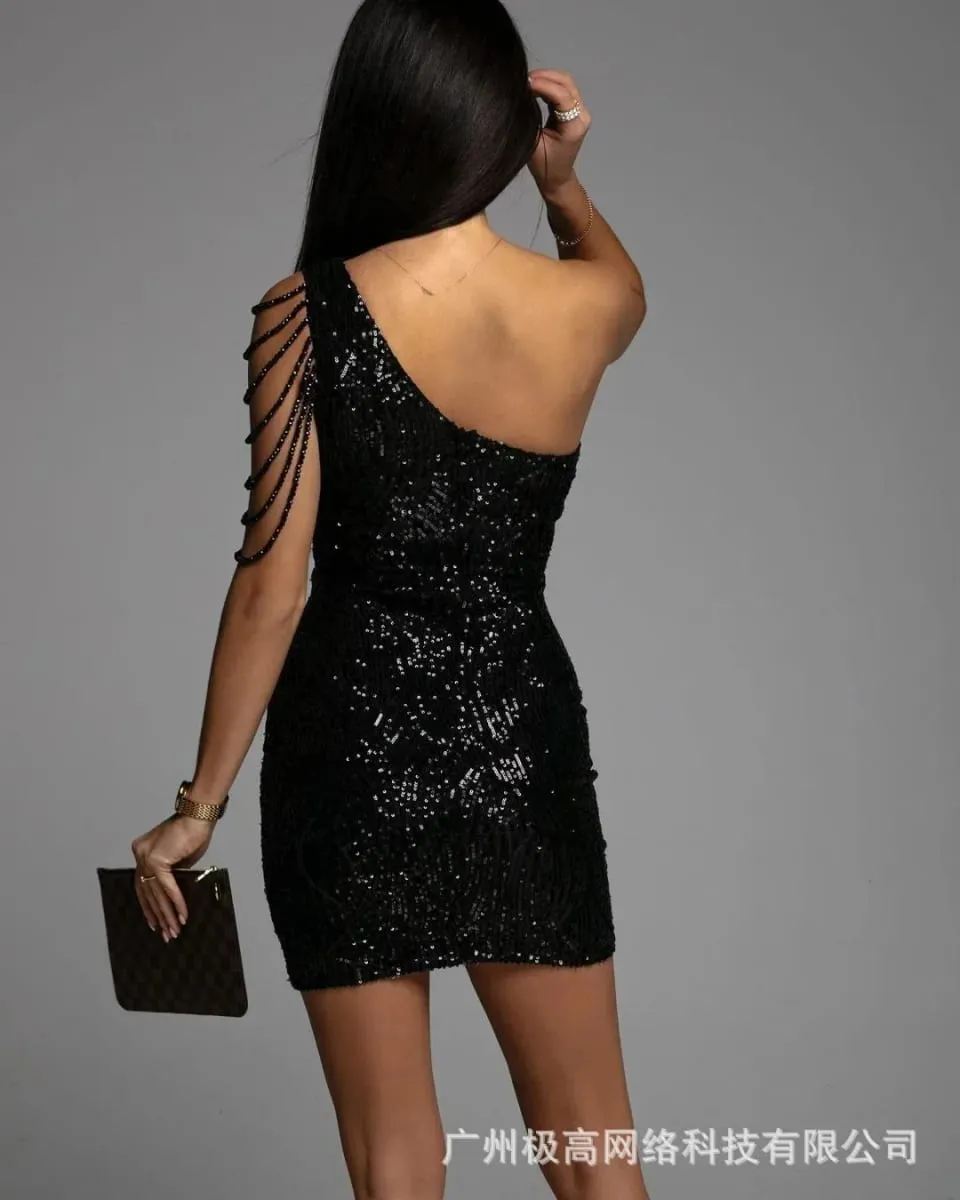 One Shoulder Cutout Allover Sequin Party Dress Women Sleeveless High Waist Evening Mini Dress Slim Sequined Solid Color — image 4
