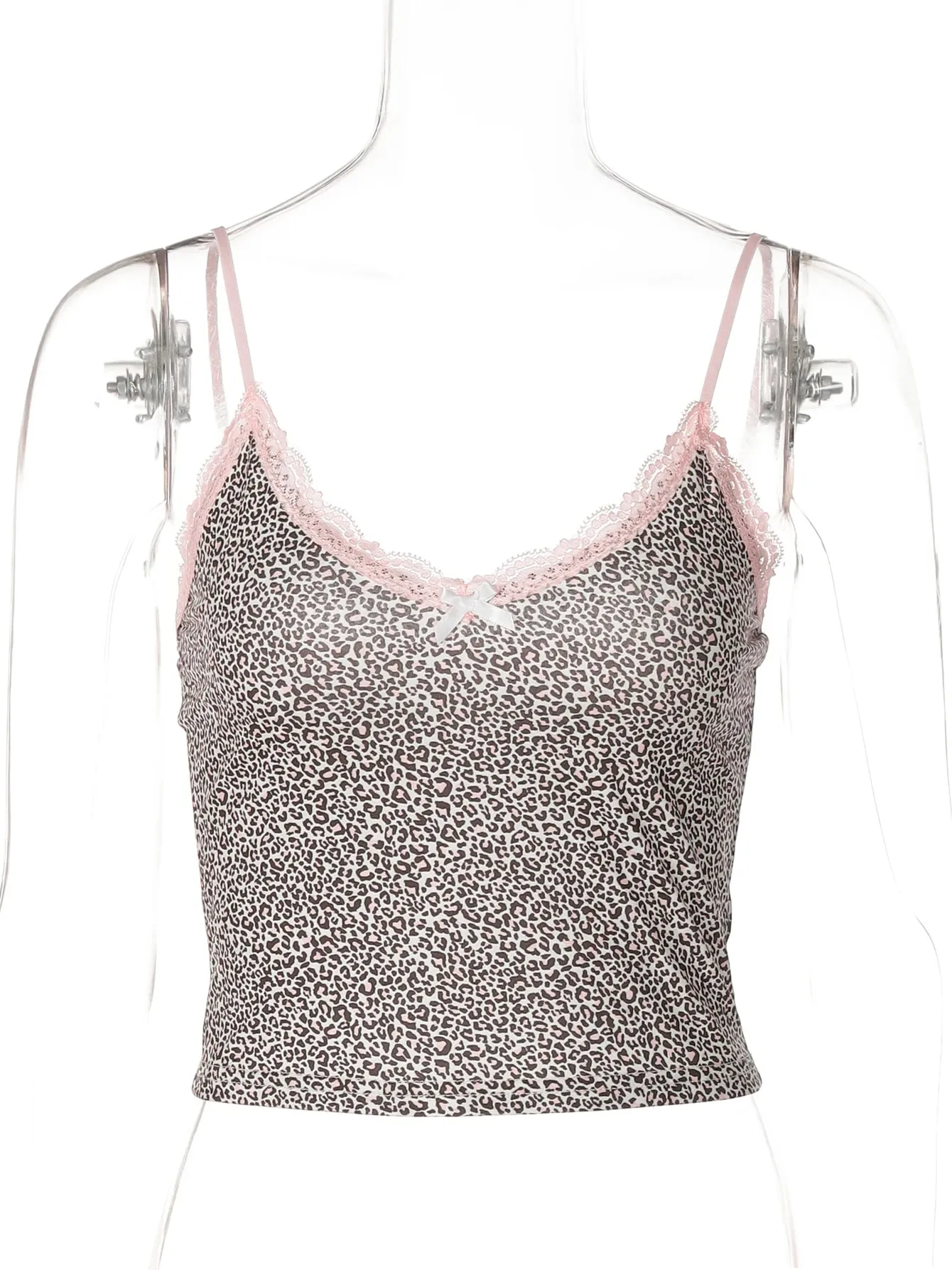 Hugcitar Leopard Print Slips Bows Patchwork Lace Sexy Slim Crop Camis Top Summer Fashion Women Y2K Outfits Festival Party — image 7