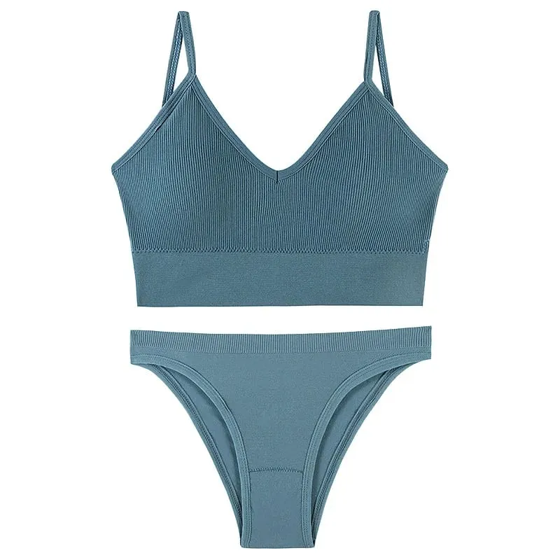 Set Bra Bergaris Lancar Wanita Tanpa Wayar Seluar Dalam Atas V Bralette Atas Dua Keping Set Pakaian Dalam Sukan Seluar Dalam Kecergasan