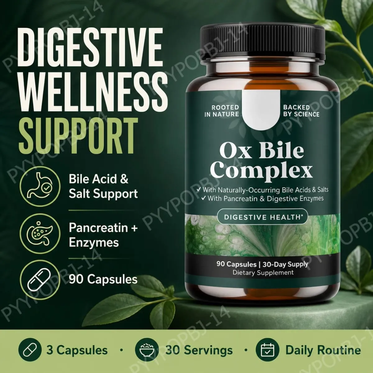 Digestive Enzyme Ox Bile Supplements with Pancreatin & Bromelain 90 Capsules 30 Servings for Women & Men — image 1