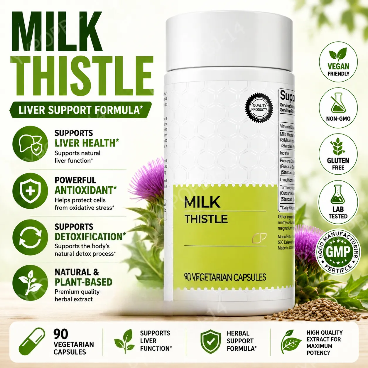 Milk Thistle Extract 300mg Capsules with Vitamin C Inositol Herbal Supplement 90 Capsules Non-GMO Gluten Free — image 2