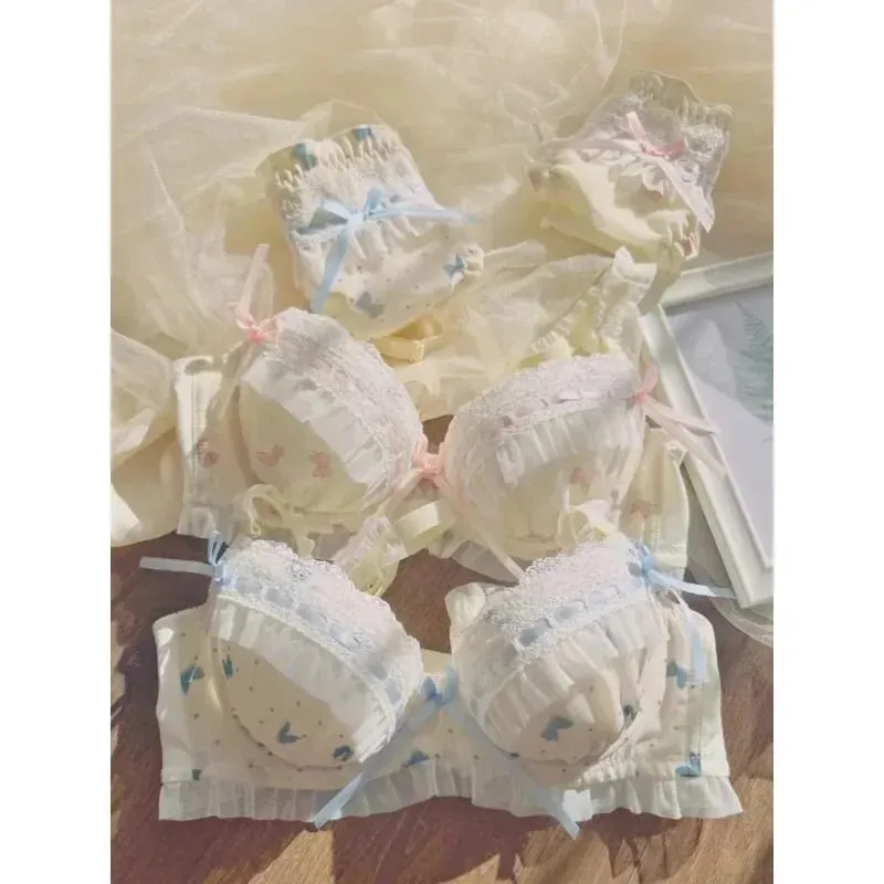 Nippon's Pure Desire Set di reggiseno a coppa sottile stile principessa carino Stampa reggiseno con fiocco carino Biancheria intima di pizzo confortevole Biancheria intima gotica — image 3