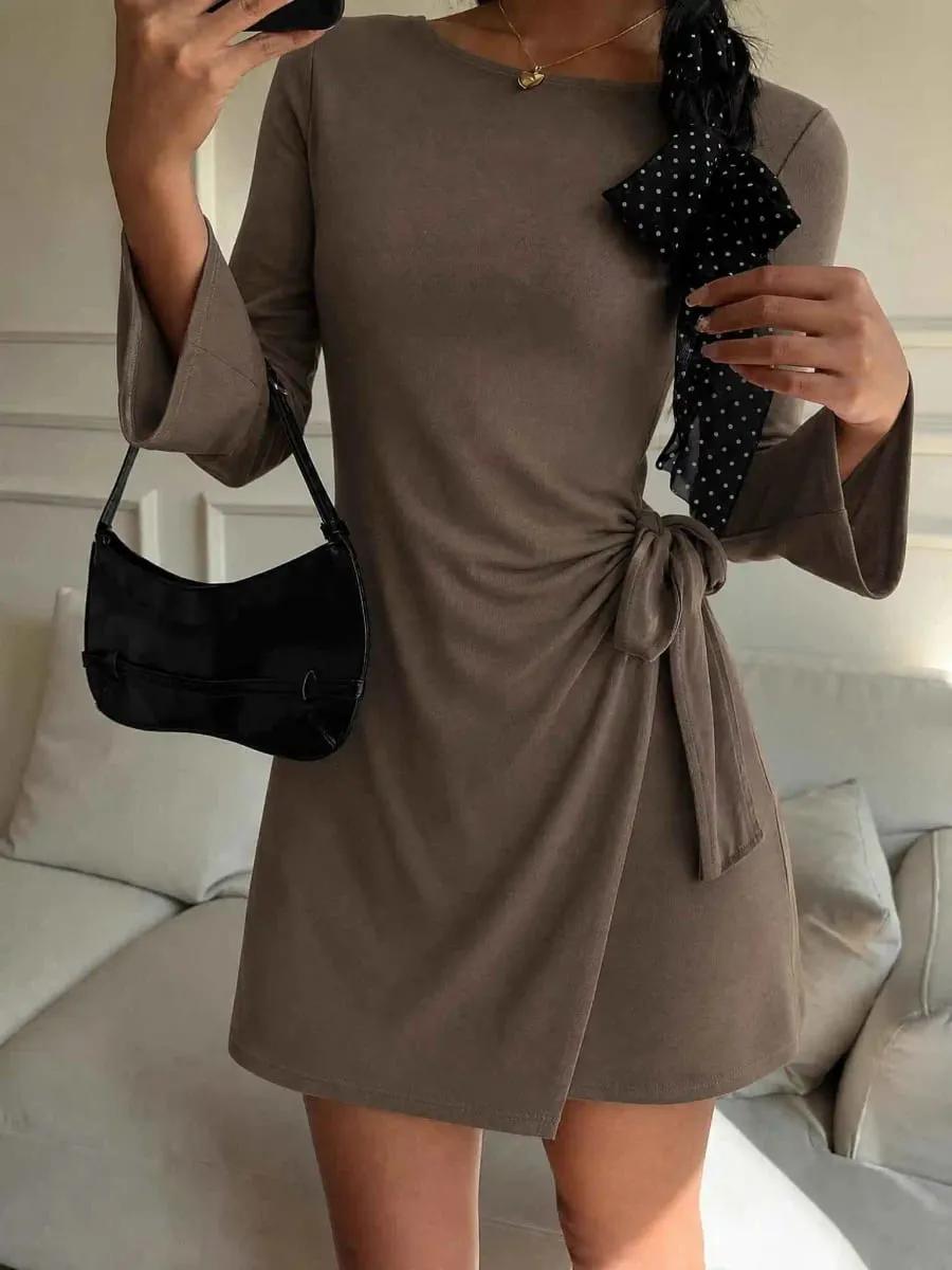Vacanza incrociata con coulisse annodata casual elegante tinta unita, mini abiti da donna, abiti autunnali da donna — image 4