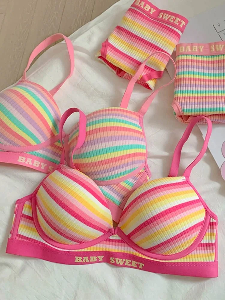 Stripe Women's Bra Set Gathered Anti-Sagging Small Chest Side Breast Reduction Underwear Cute Style Nylon — image 1