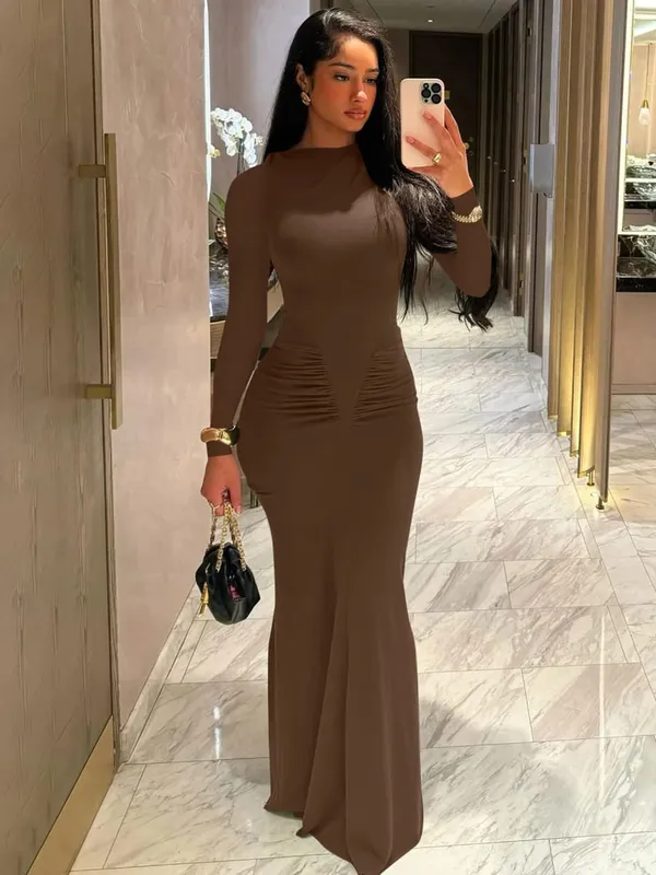 Hugcitar 가을 솔리드 긴 소매 Draped 섹시한 Bodycon 맥시 댄스 파티 드레스 여성 패션 Y2K 의상 저녁 파티 축제 클럽