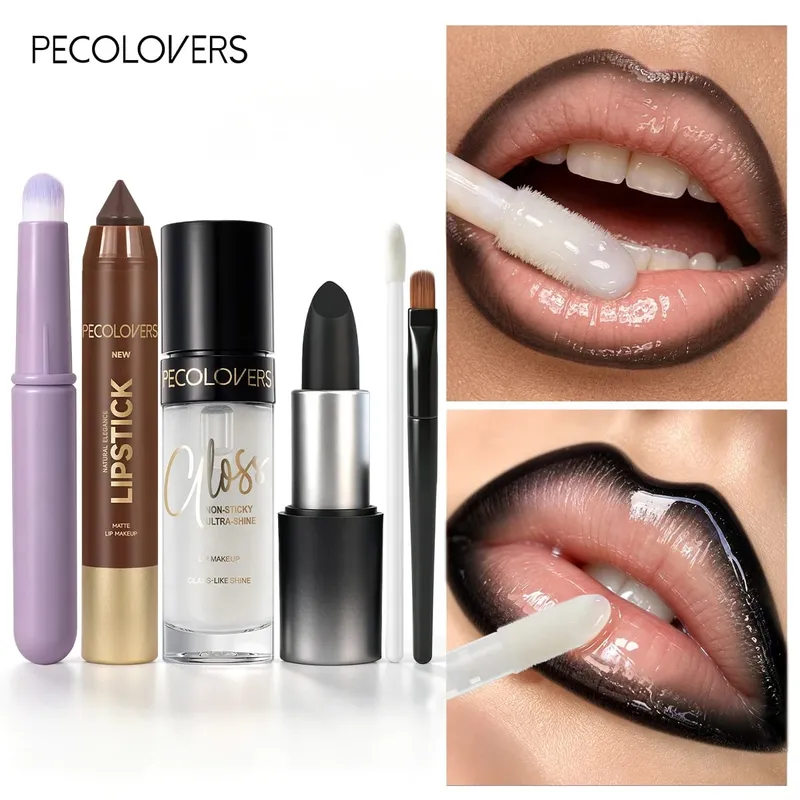 6PCS Set Solekan Bibir Gincu Berpigmen Hitam Pensel Pelapik Bibir Kaca Jelas Bersinar Seperti Bersinar Lip Gloss Berus Leper Bulat Calit Bibir