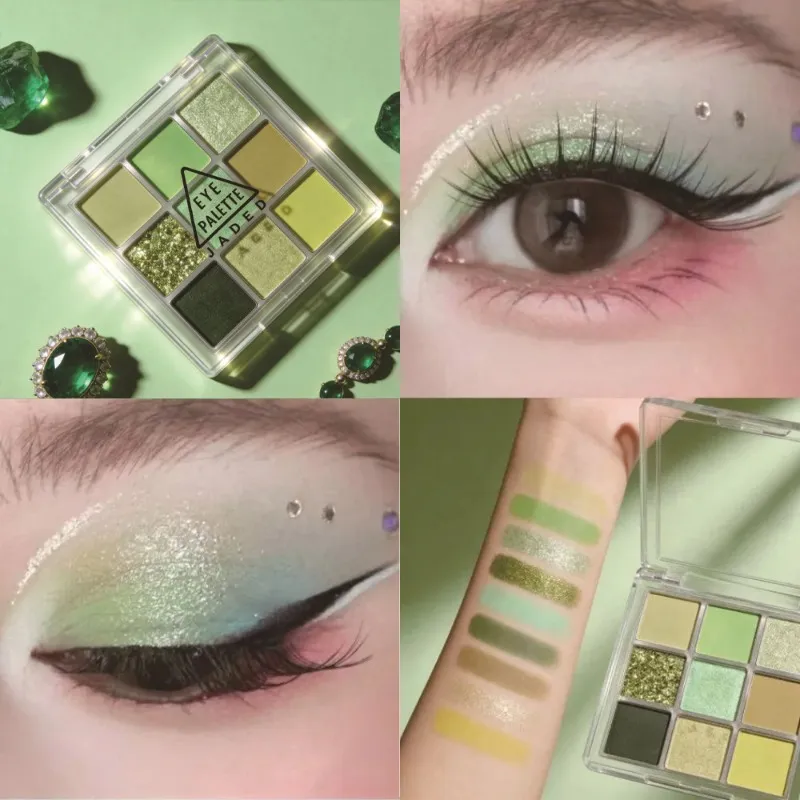 Palet Eyeshadow 9 Warna Matte Hijau Mint Kosmetik Rias Mata Bubuk Eyeshadow Hutan Berkilau Mutiara Tahan Air Tahan Lama — image 5
