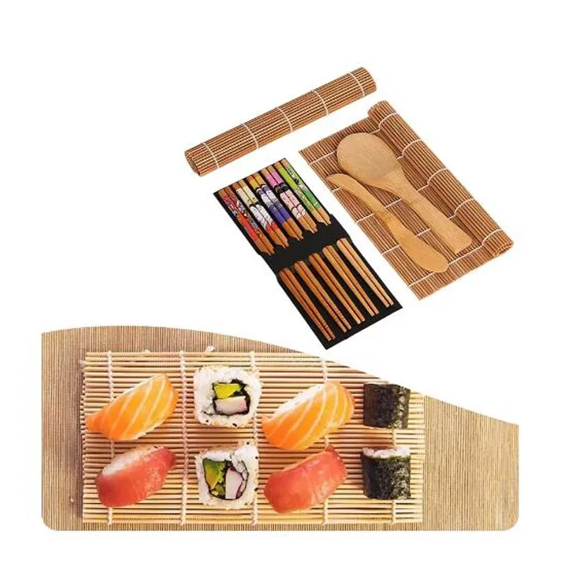 9 pezzi/set kit per la preparazione di sushi in bambù tappetino per sushi incluso 2 tappetini per sushi 5 paia di bacchette 1 pagaia 1 strumento di cottura spalmatore — image 5