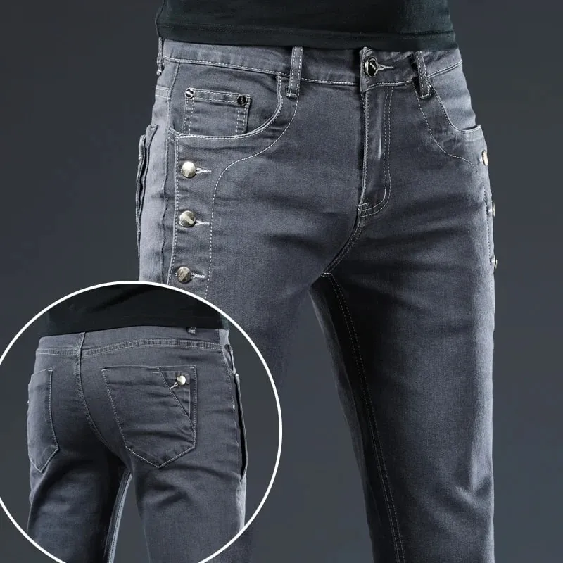 Nye Mænd Slim Button Sort Skinny Jeans Ensfarvet Stretch Skateboard Multi-knap Youth Mandlige denimbukser