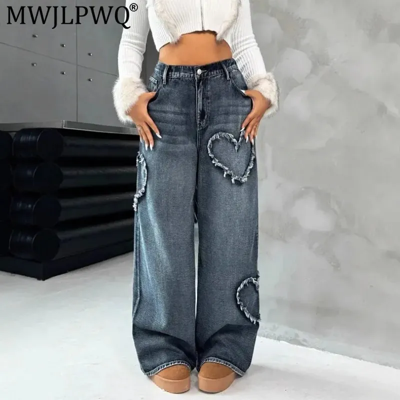 Jeans in denim lavato pesante patchwork retrò americano con bordo sfrangiato Pantaloni larghi dritti a gamba larga unisex da strada 21095 — image 2