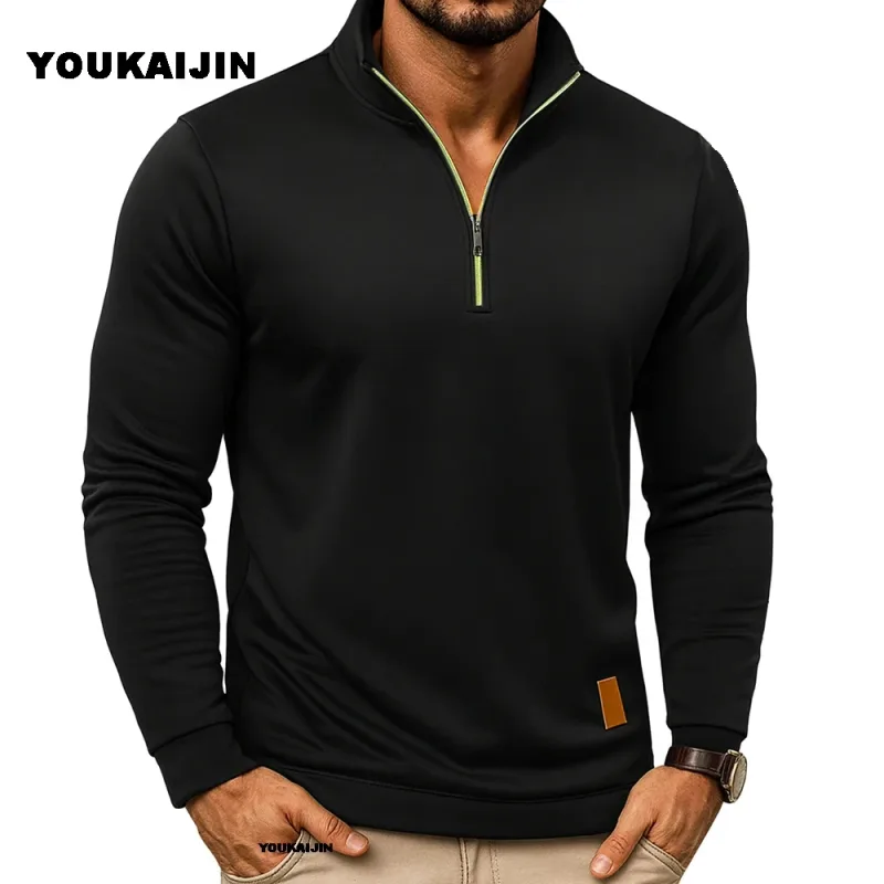 Sudaderas para hombre, jersey más grueso de primavera, jersey con cremallera de un cuarto para hombre, Sudadera con capucha para exteriores, sudadera de otoño, cuello alto de Color sólido — image 1