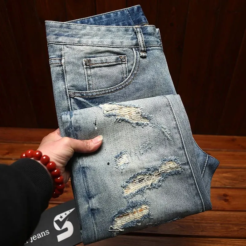 Zerrissene Patch-Jeans für Herren, abgenutzt und abgenutzt, schmal geschnitten, für den Sommer, kleine Füße, elastisch, modisch, nostalgisch, lange Hose im Retro-Stil — image 2