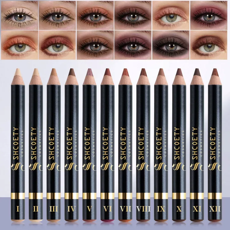 wooden pole 12-color pearlescent eyeshadow pen set non-smudged eyeliner pen with pencil sharpener lying silkworm pen — image 4