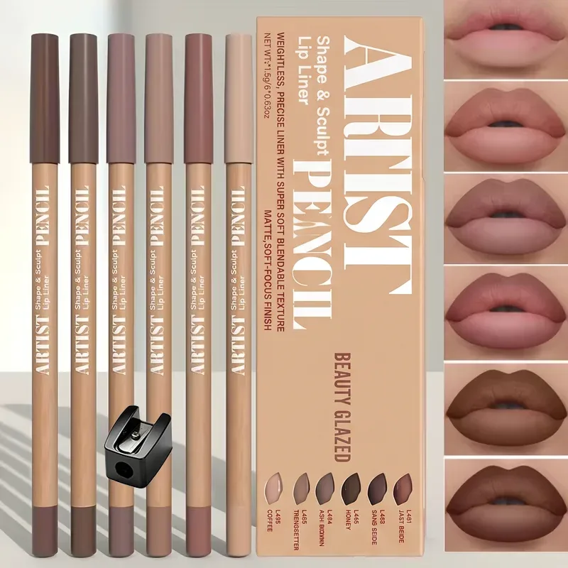 7 stk/sæt Nude Lip Makeup Sæt: 6 Matte Lip Liners + Sharpener. Langtidsholdbare matte læbeforinger med vandtætte læbeforinger