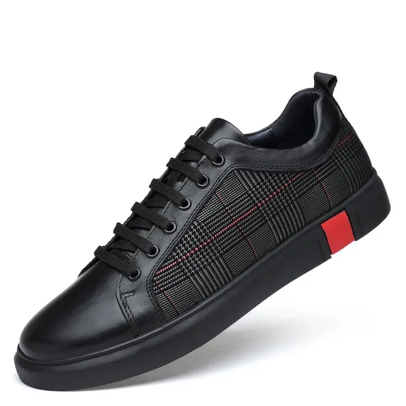 Neue Ankunft Männer Schwarz Leder Plaid Panel Turnschuhe Luxus Stil Lace Up Casual Schuhe Nicht Slip Plattform Walking Schuhe
