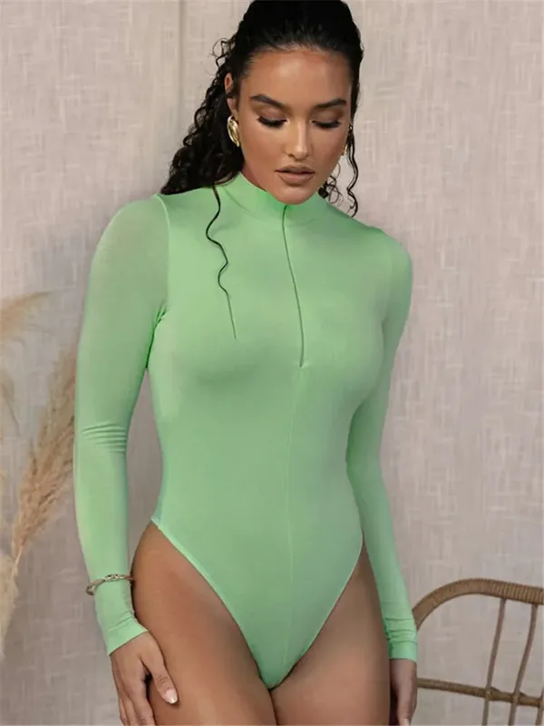 Shestyle Solid Zipper Bodycon Bodysuits Women Sexy Mock Neck Autumn Long Sleeve Fashion Slim Basic Body Winter Gray Outfits Lady — image 5