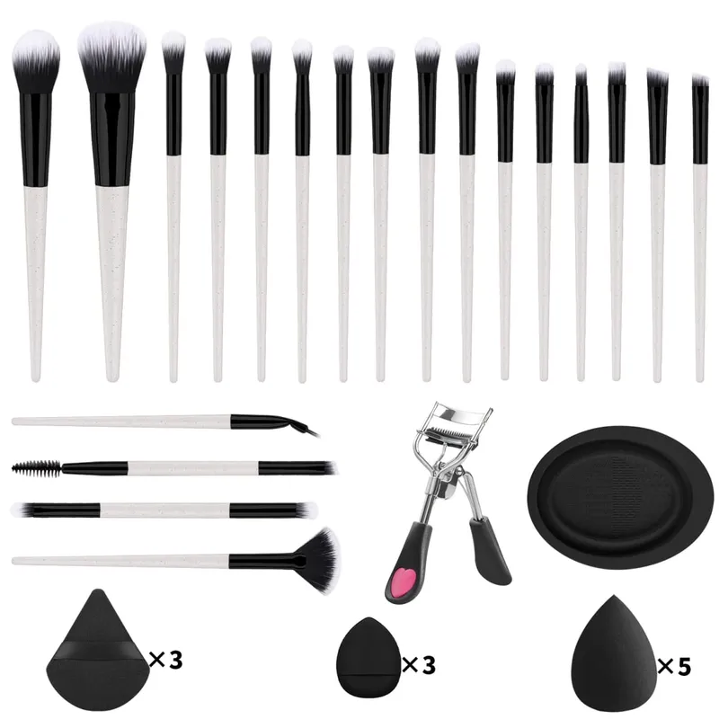 33 Buah Kit Alat Rias 20 Kuas Rias dengan Mangkuk Pembersih Puff Bedak Set Rias Mata Wajah Penuh Penjepit Bulu Mata — image 9