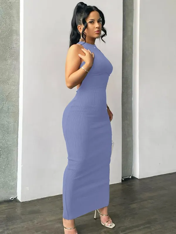 Hugcitar Ribbed Solid Hollow Out Tanpa Belakang Tanpa Lengan Seksi Celah Pakaian Mini Bodycon 2025 Musim Bunga Pakaian Wanita Pesta Elegan Y2K — image 10