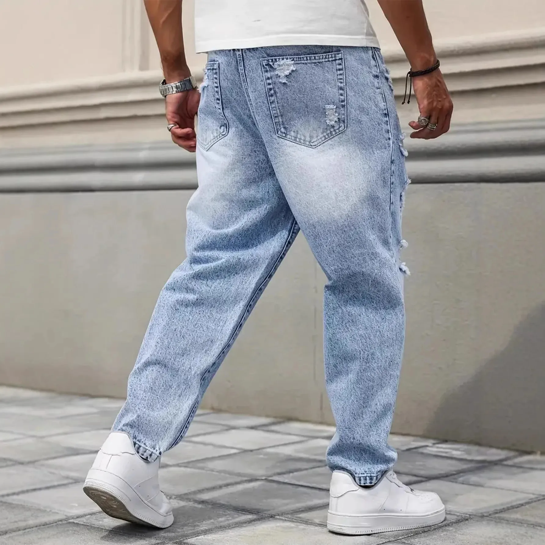 Jean en Denim effiloché déchiré bleu clair pour hommes, jambe droite Non extensible, ample, Baggy, pantalon en détresse, Vintage Y2K Hip Hop Da — image 2