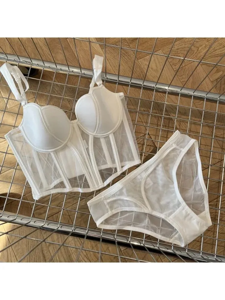 Francês longo fishbone malha retalhos sutiã conjunto fino moldar peito levantar lingerie sexy roupa interior macio e confortável S-XL terno — image 2