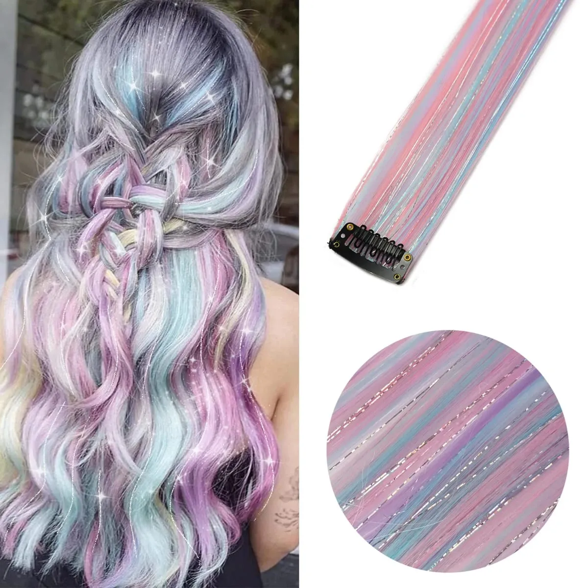 6 Stück/Packung, farbige Party-Highlights, Clip-in-Haarverlängerungen, 22 Zoll, mehrfarbig, glattes Haar, synthetische Haarteile — image 43