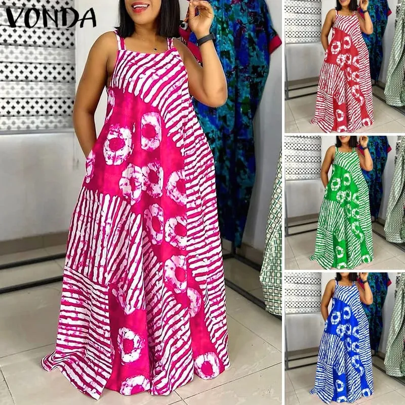 Plus ขนาด 5XL ฤดูร้อน Bohemian พิมพ์ชุด Maxi แขนกุดชายหาด Sundress ยาว Vestido Casual Holiday Robe — image 3