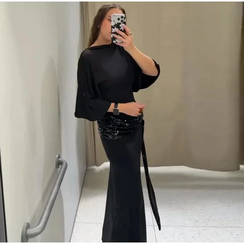 Gaun Maxi Payet Tanpa Belakang Tanpa Belakang Wanita Lengan Lebar Elegan Gaun Panjang Fesyen Baru Jubah Harian Pesta Petang — image 1