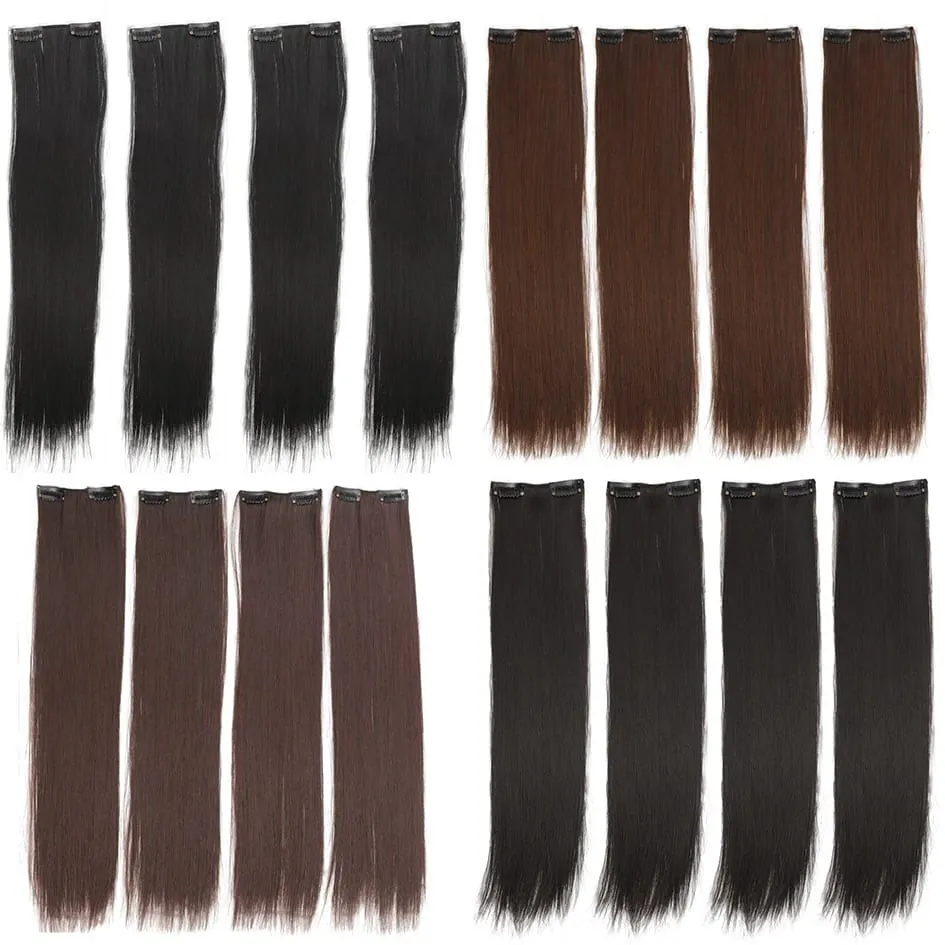 4pc Synthetic Women's 16inch/20inch/24inch Four Piece Straight Hair Extensions Black/Brown Wig Suitable for Daily Wear — image 3