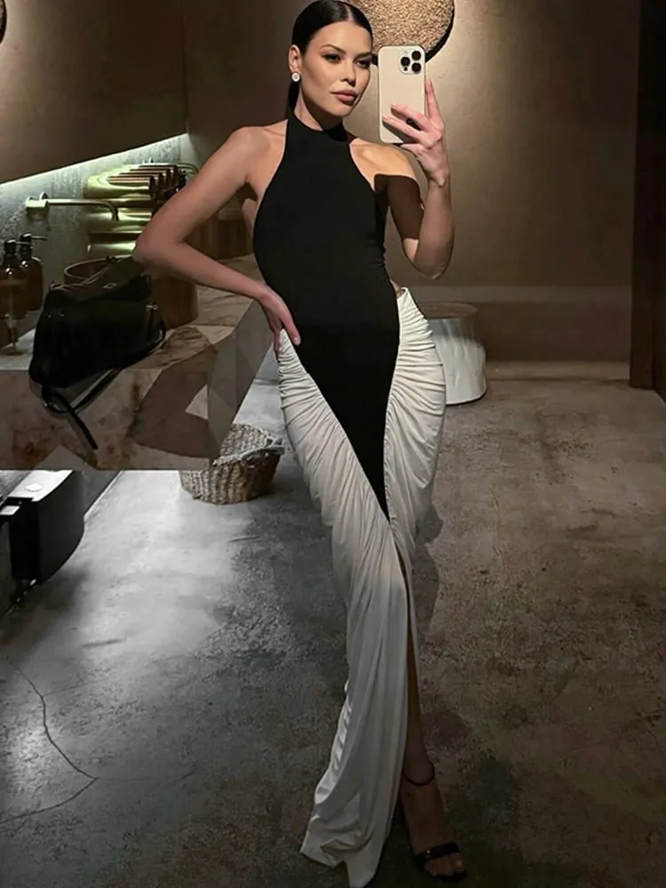 Nibber Backless Folds Maxi Dress Women Black White Patchwork Peach Butt Halter Slit Summer Trend Temperament Clubwear Vestidos — image 6