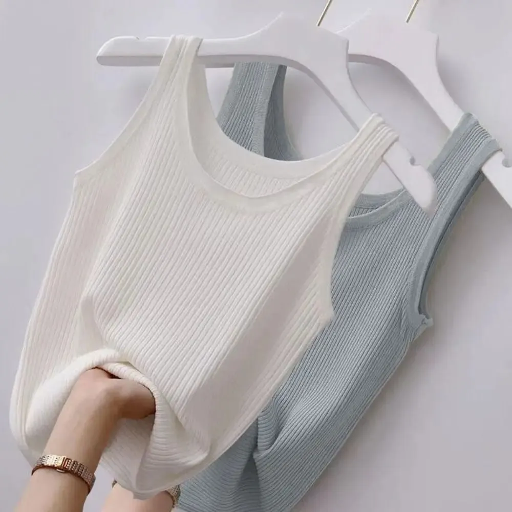 2024 Polyester Sexy košilka bez rukávů Základní top Jednobarevné Letní Košilka Streetwear Trička Tričko Jarní Pletené Tílko Dámské — image 10
