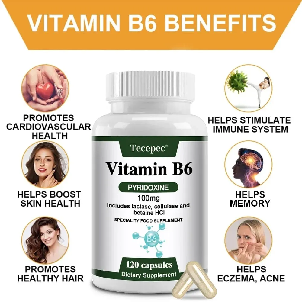 Vitamin B6 Kapsler - Hjernefunktion og hukommelseskoncentration Kardiovaskulær hud Hår Immun ikke-GMO kosttilskud — image 3
