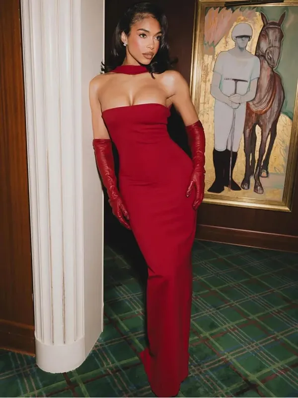 Women Celebrity Sexy Backless Halter Red White Maxi Long Summer Bandage Bodycon Dress 2025 Elegant Evening Club Party Outfit