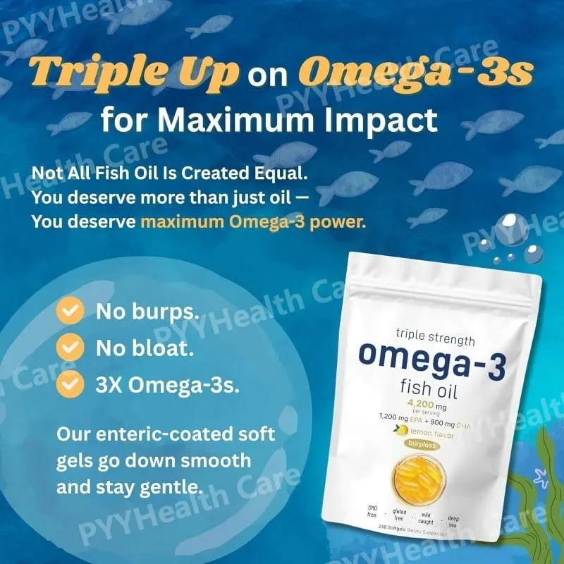 ผลิตภัณฑ์เสริมอาหารน้ำมันปลาโอเมก้า 3 ความแรงสามเท่า 4200 มก. รสมะนาว Burpless EPA 1200 มก. DHA 900 มก. 240 ซอฟท์เจล