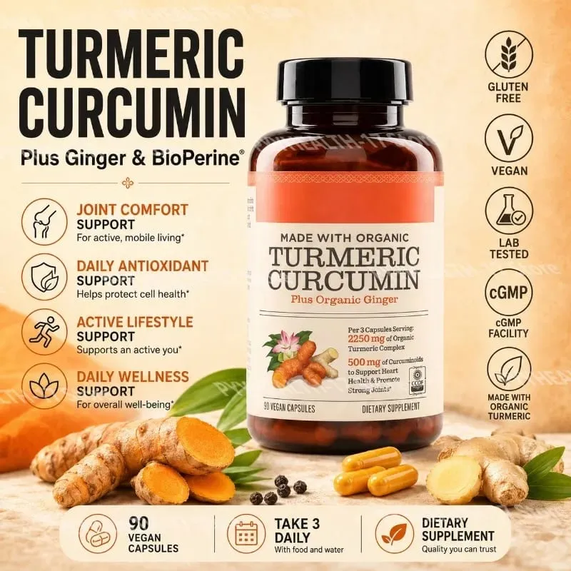 Veganské kapsle Kurkuma Curcumin Plus vyrobené s organickým zázvorem podporuje zdraví kloubů a zdraví srdce Kapsle bez GMO 90 — image 2