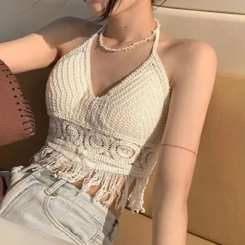 Atasan Tanaman Retro Liar Berongga Perspektif Rumbai Seksi Tali Spaghetti Tanke Top Wanita Terbina Dalam Bra Baharu Belakang Renda Halter Leher — image 3