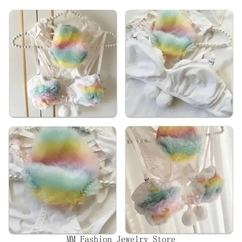 Womens Plush Rainbow Star 2 Piece Bra and Panty Set without Underwire Furry Lingerie Underwear for Cosplay or D0UB — image 3