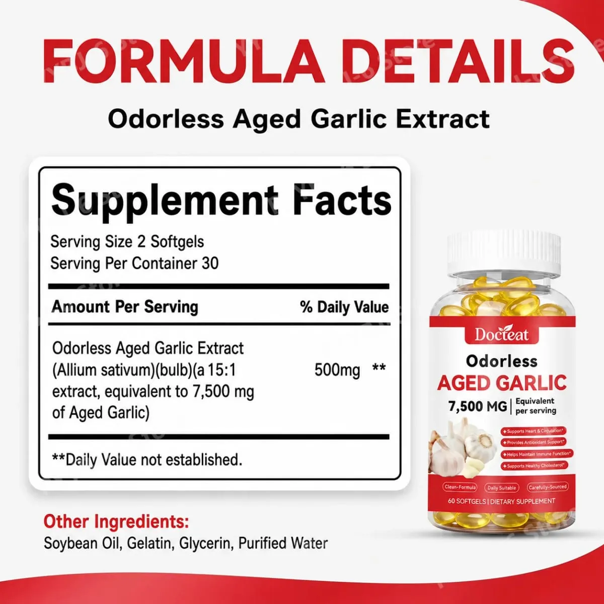 Odorless Aged Garlic Extract 7500mg เทียบเท่า 60 ซอฟท์เจล - ระบบภูมิคุ้มกันสุขภาพหัวใจอาหารเสริมสารต้านอนุมูลอิสระสำหรับผู้ใหญ่ — image 2