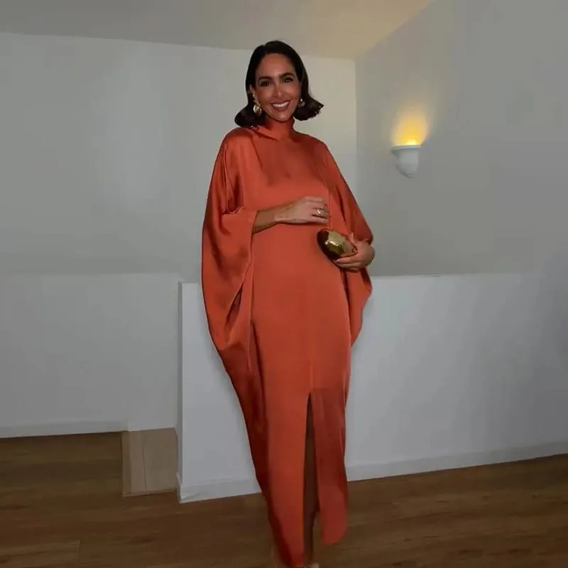 Robe Maxi en Satin uni pour femmes, col haut, manches chauve-souris, coupe ample, fente avant, tenue de soirée élégante, été, 2026
