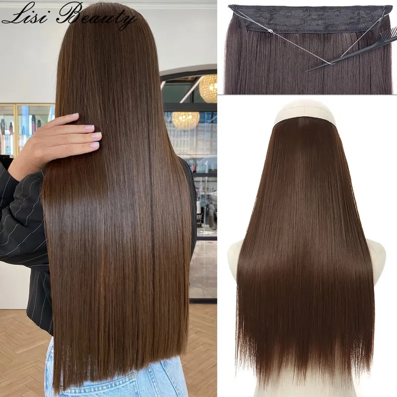 No Clips Hair Extensions Invisible Wire Lang Lige Syntetisk Falsk Hair Piece 80cm Sort Brun Blond Frisure — image 2
