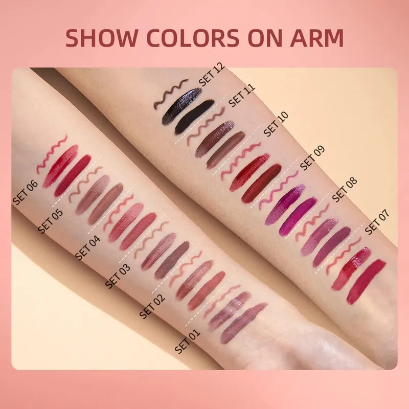 Lipstik Cair Matte & Lip Liner & Lip Gloss 3 Buah Set Kit Kosmetik Pewarna Bibir Merah Hitam Ungu Tahan Lama Anti Lengket — image 6
